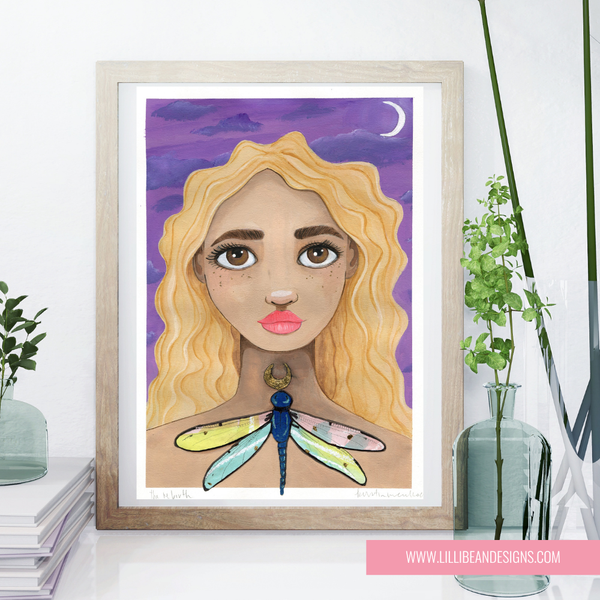 framed image of a girl with a dragonfly purples golds and collage