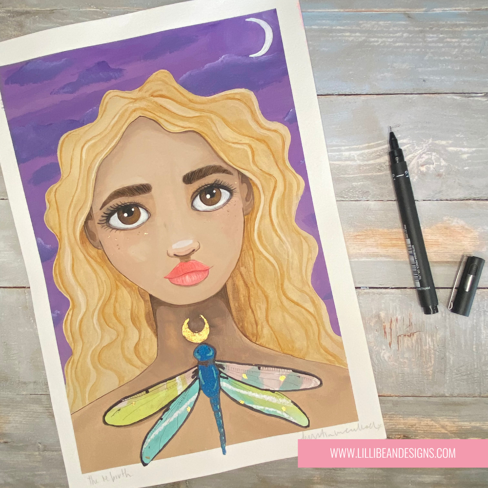 Illustration of a woman with a dragonfly on a wooden surface with art supplies.