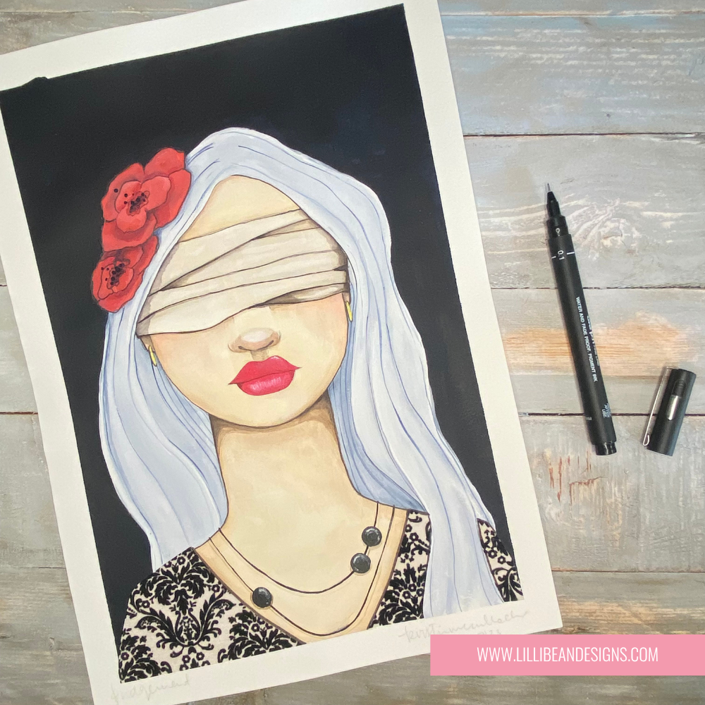 A stylized portrait art print of a blindfolded woman with white hair, red flowers, and red lips, shown on a rustic wood background with two black markers beside it. A pink banner at the bottom reads www.