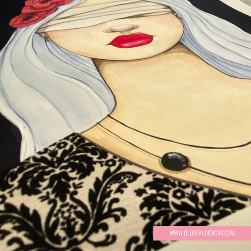 Close-up of a stylized painting of a woman's face and upper torso, with white hair, red lips, a blindfold, red flowers, and a black-and-beige damask garment. A pink watermark bar at the bottom reads www.