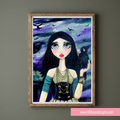Framed artwork of a woman with a raven on a gray wall, featuring the website www.lillibean designs.com.