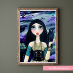 Framed artwork of a woman with a raven on a gray wall, featuring the website www.lillibean designs.com.