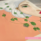 A close-up of a painting depicting a woman's face with white hair, green eyes, and red lips, adorned with green trailing vines on a peach background. A pink watermark bar at the bottom reads 'WWW.