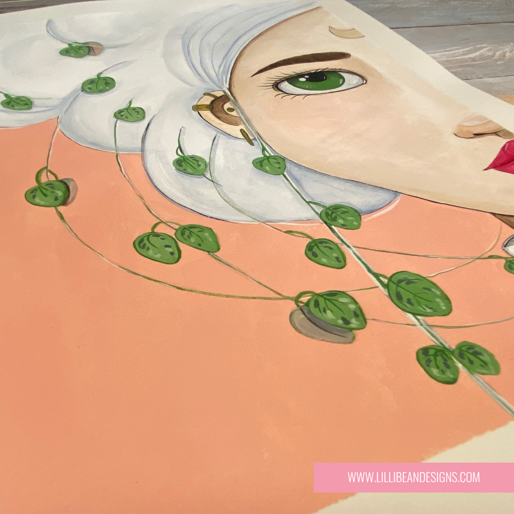A close-up of a painting depicting a woman's face with white hair, green eyes, and red lips, adorned with green trailing vines on a peach background. A pink watermark bar at the bottom reads 'WWW.