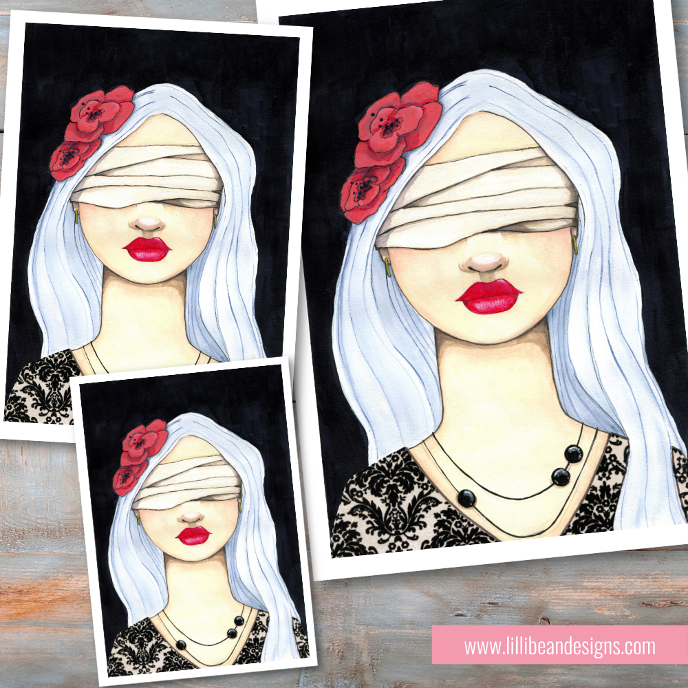 Three art prints featuring a stylized portrait of a blindfolded woman with long white hair, red flowers, red lips, and a black lace top, arranged on a wood surface with a pink website banner in the corner.