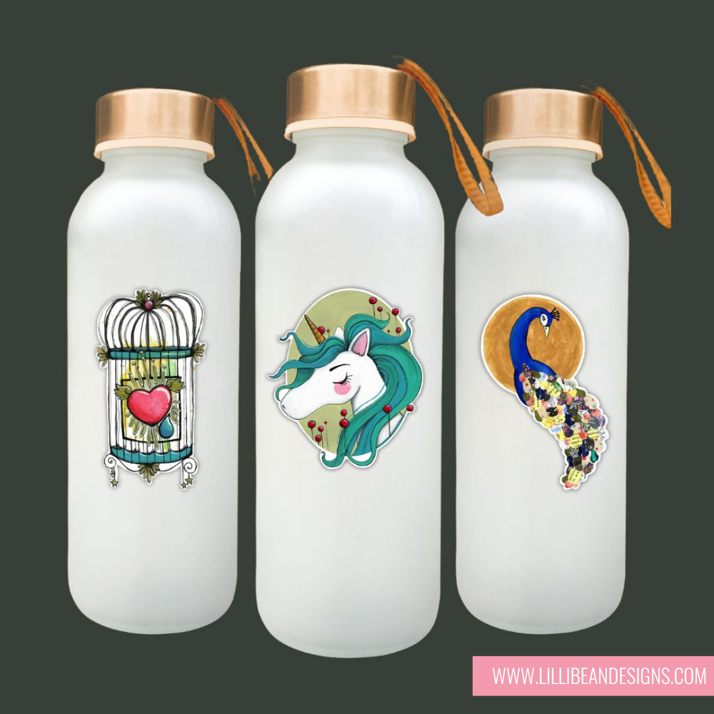 Three white water bottles with coloUrful designs on a dark background VINYL ART STICKERS - KIRSTIN MCCULLOCH LILLIBEAN DESIGNS