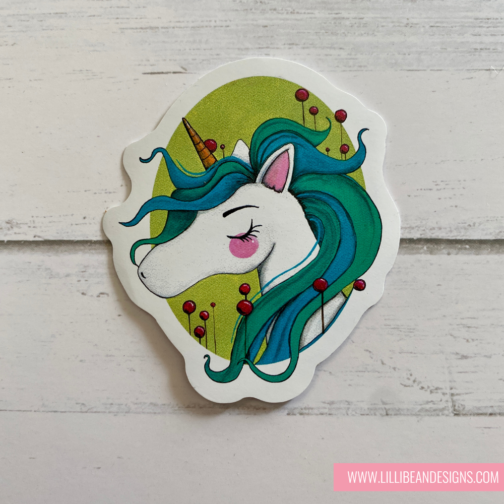 Sticker of a unicorn with blue hair and a pink horn on a white background VINYL ART STICKERS - KIRSTIN MCCULLOCH LILLIBEAN DESIGNS