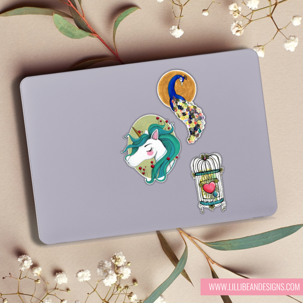 Laptop with decorative stickers on a floral background VINYL ART STICKERS - KIRSTIN MCCULLOCH LILLIBEAN DESIGNS