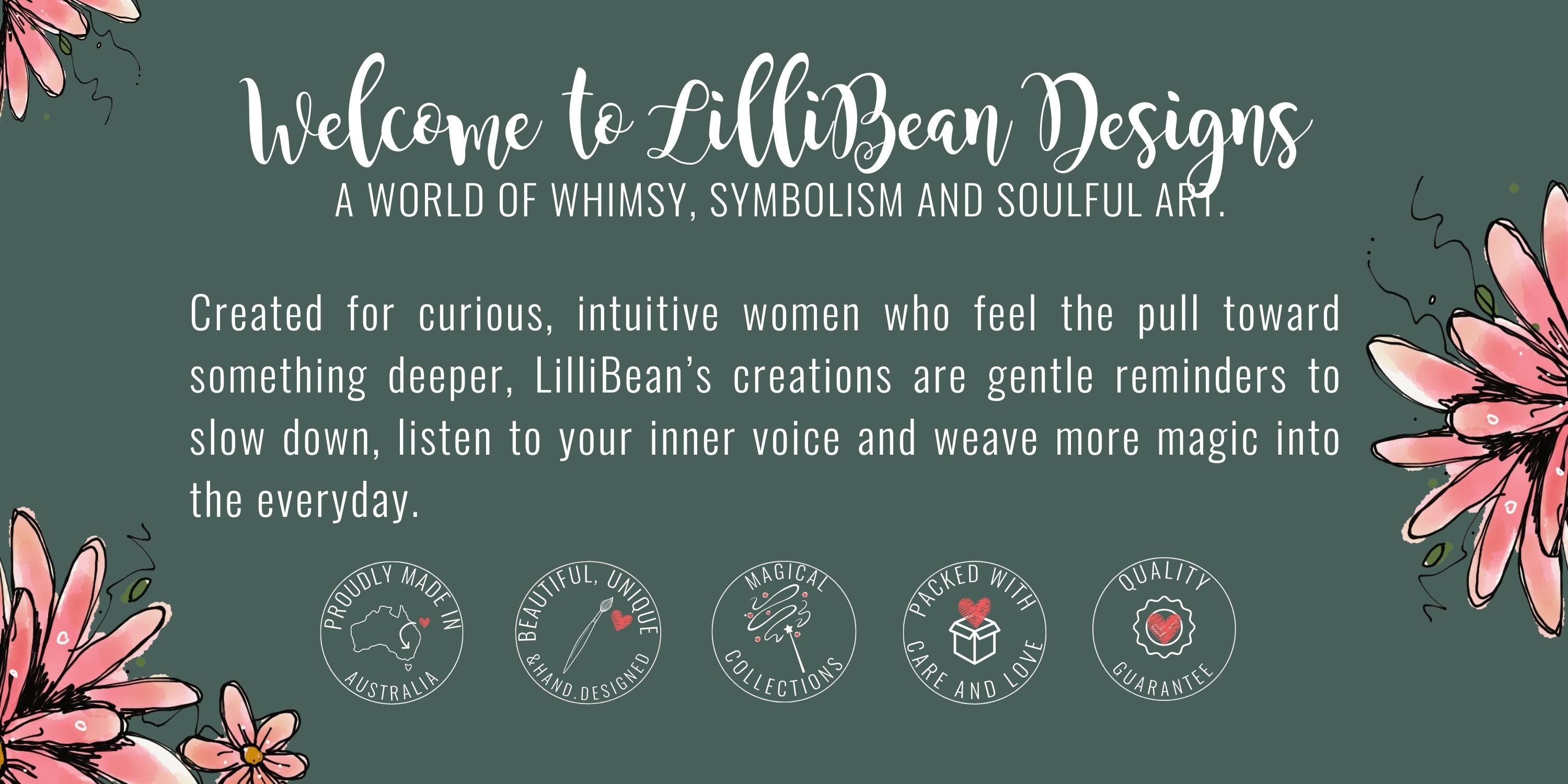 Promotional graphic for LilliBean Designs with floral elements and text on a dark green background.
