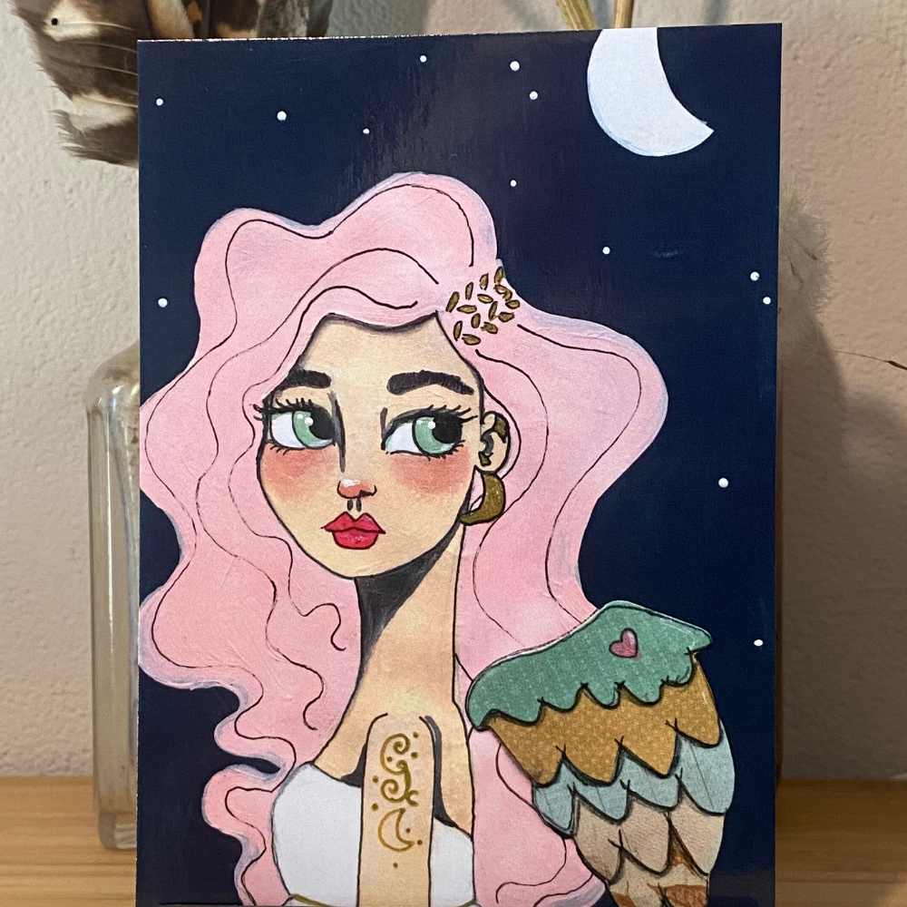 Illustration of a woman with pink hair and owl wings on a dark blue background.