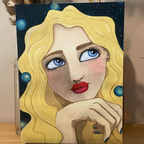 Artistic depiction of a woman with blonde hair and blue eyes, surrounded by celestial elements.