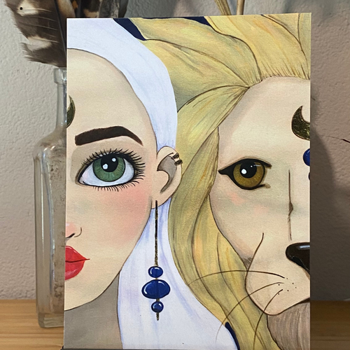 Illustration of a woman's face and a lion's face with a glass vase in the background.