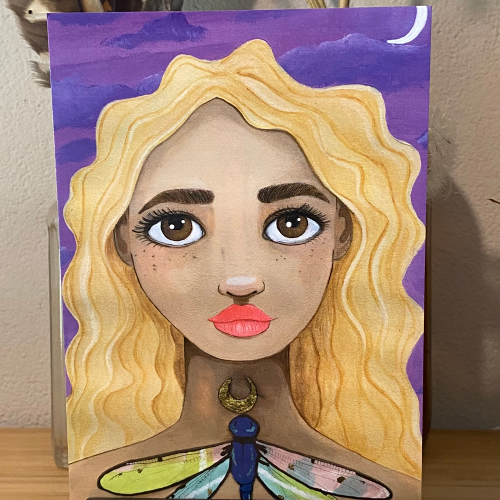PRINTED artworks of stylized female characters with a dragonfly and a purple back ground