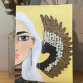 Artistic depiction of a face with a white headscarf and feathered headdress on a yellow background.