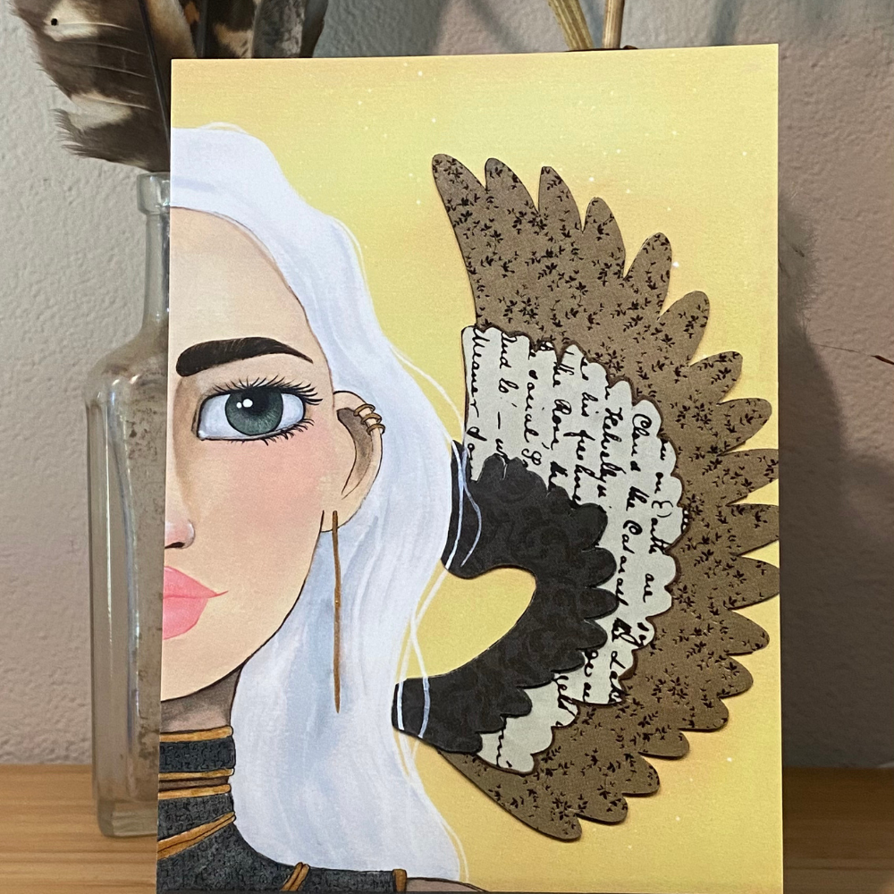 Artistic depiction of a face with a white headscarf and feathered headdress on a yellow background.