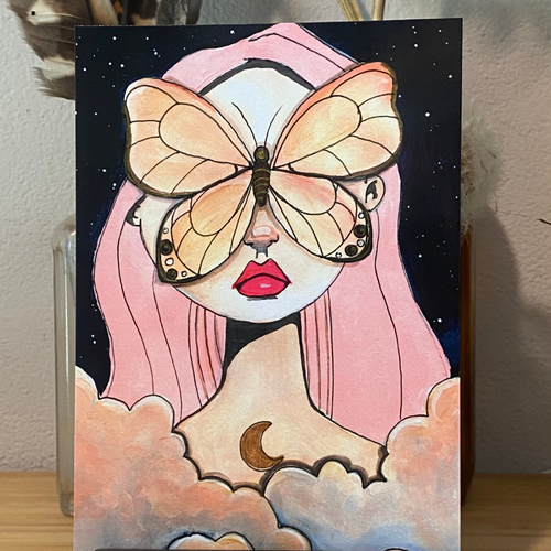 Illustration of a person with a butterfly on their face, set against a starry sky.
