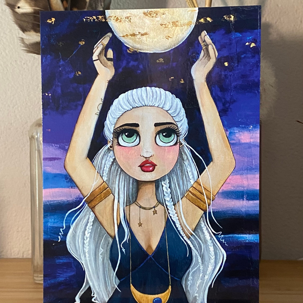 Artistic depiction of a woman holding a moon above her head against a starry night sky.