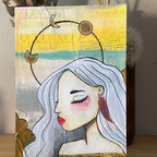Artistic depiction of a woman with white hair and red lipstick against a textured background.
