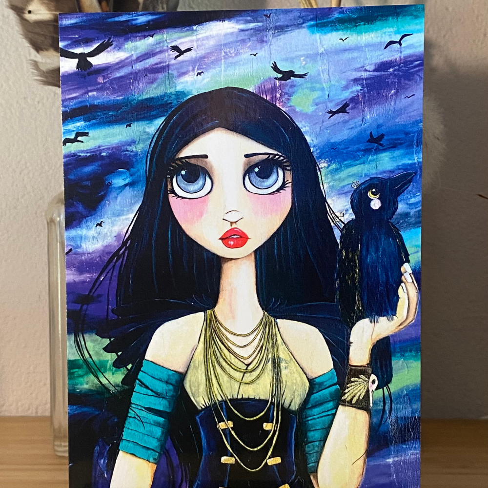 Artistic depiction of a woman with a crow against a colorful background