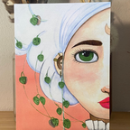 Illustration of a woman's face with green eyes  surrounded by green leaves on a peach background.