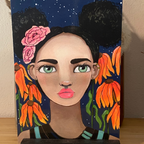 Painting of a woman's face with flowers on a dark blue background