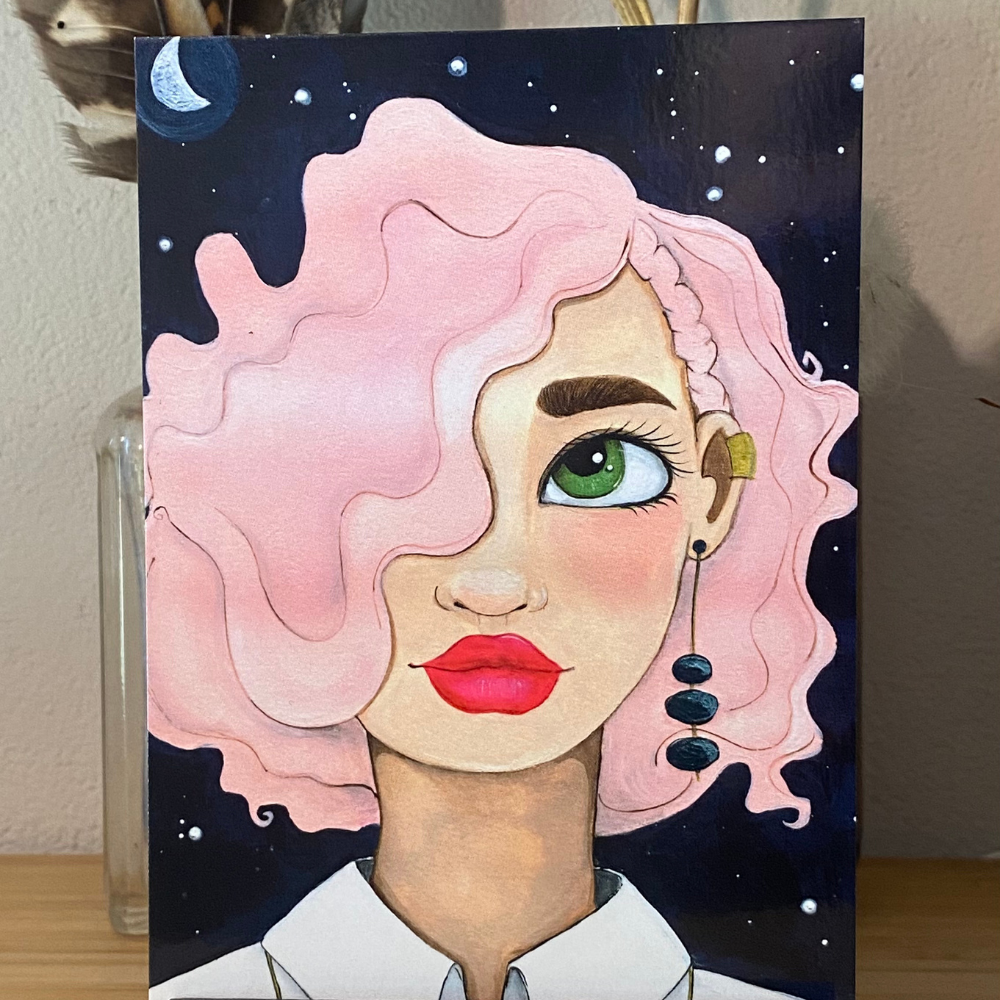 Artistic depiction of a person with pink hair and green eyes against a starry night sky.