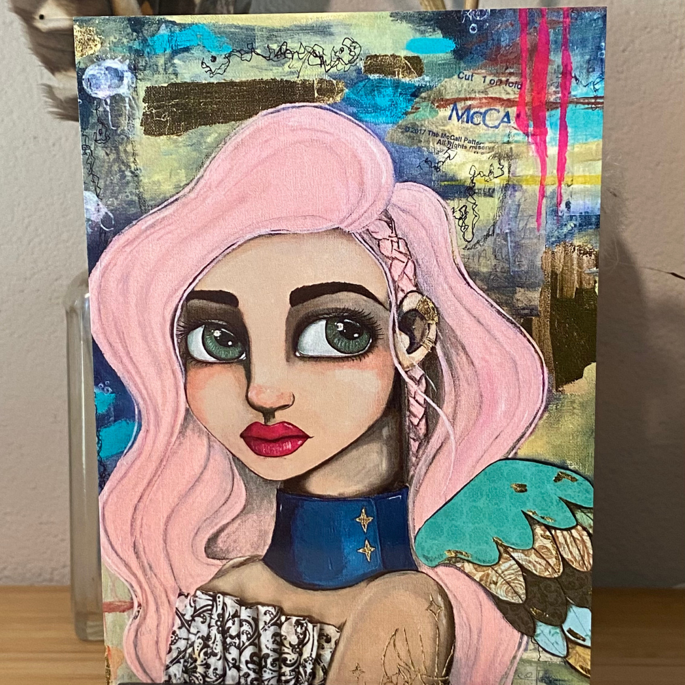 Artistic depiction of a person with pink hair and blue accents on a colorful background