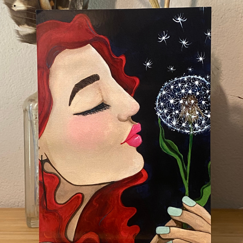 Artistic depiction of a woman blowing on a dandelion against a dark background.