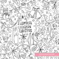 Black and white Christmas coloring page design with hand-drawn festive illustrations including bells, stockings, snowman, trees, stars, candles, and the text 'A Whimsical Lillibean Christmas'.
