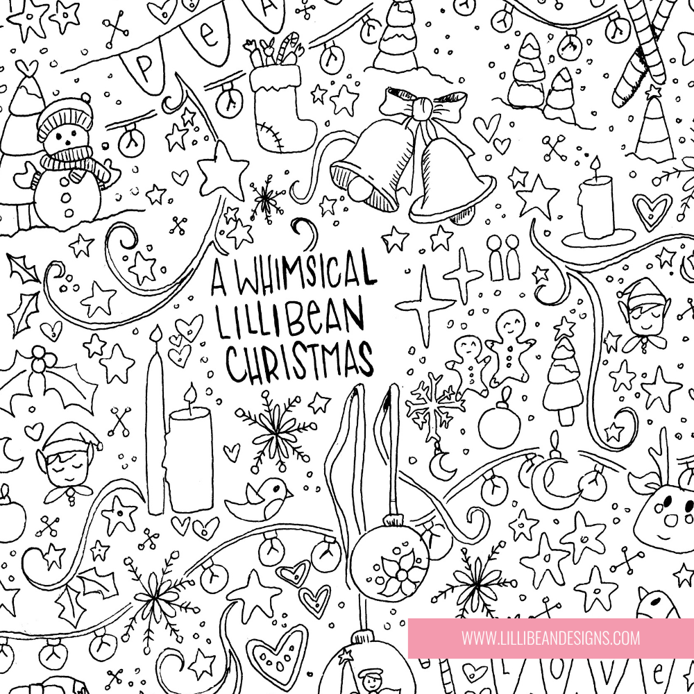 Black and white Christmas coloring page design with hand-drawn festive illustrations including bells, stockings, snowman, trees, stars, candles, and the text 'A Whimsical Lillibean Christmas'.