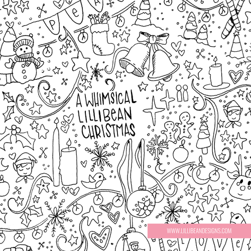 Black and white Christmas coloring page design with hand-drawn festive illustrations including bells, stockings, snowman, trees, stars, candles, and the text 'A Whimsical Lillibean Christmas'.