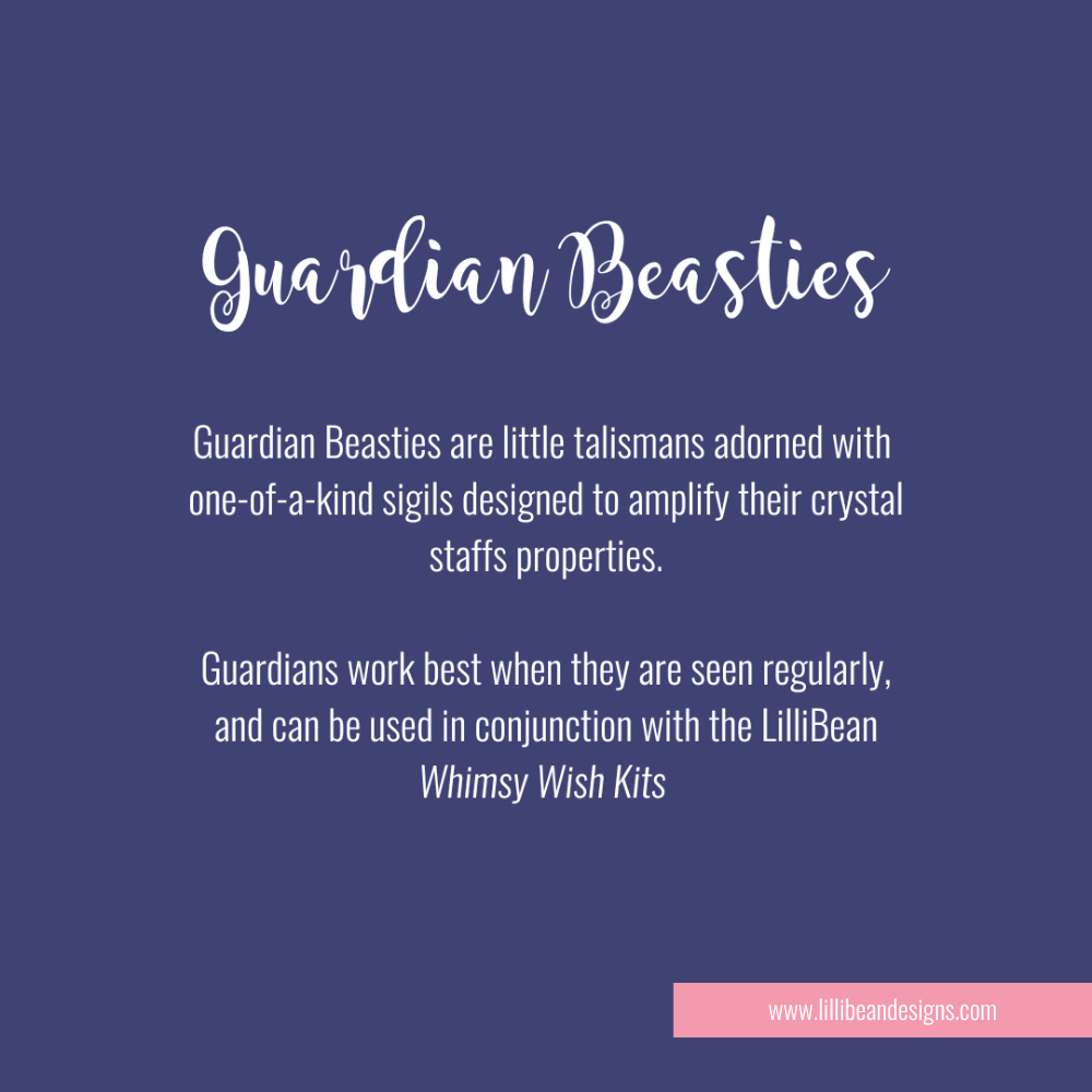Text about Guardian Beasties on a blue background with LilliBean Designs branding.