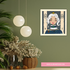Framed artwork of a stylized portrait on a wall with decorative plants and lights.
