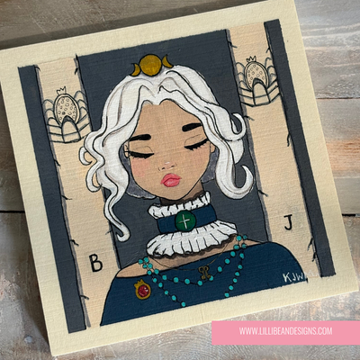 Illustration of a character with white hair and a blue dress on a wooden surface.