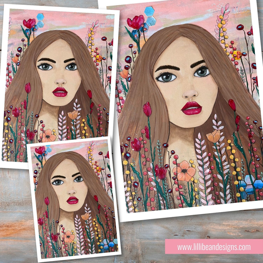 Illustration of a woman's face surrounded by flowers on a wooden surface.