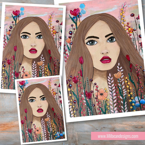 Illustration of a woman's face surrounded by flowers on a wooden surface.