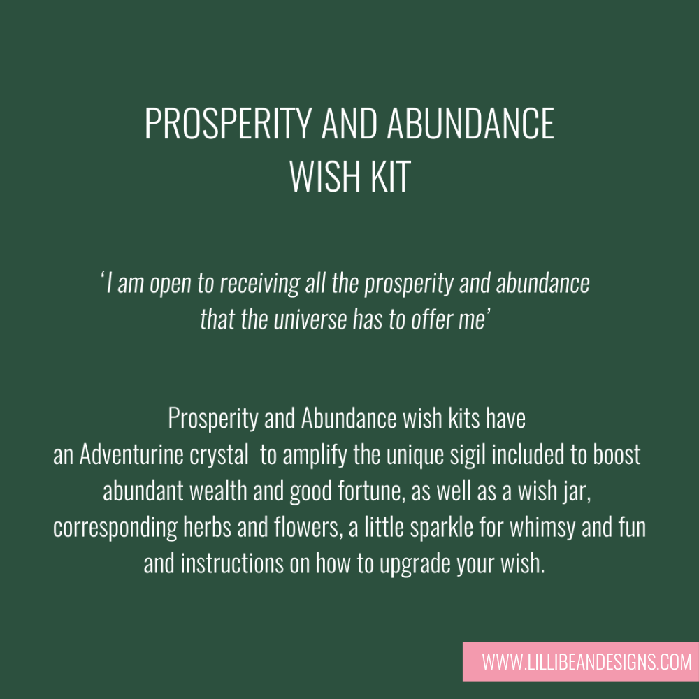 Promotional text for a 'Prosperity and Abundance Wish Kit' on a green background.