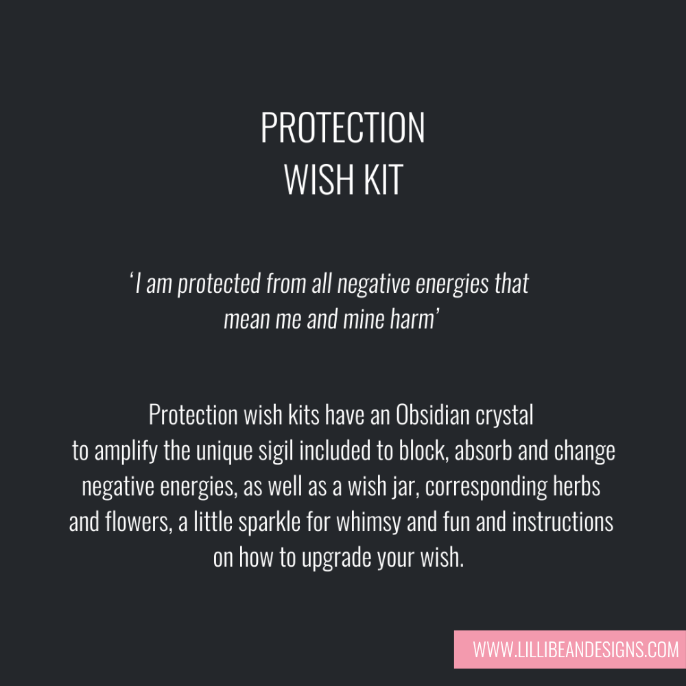 Text description of a protection wish kit on a black background with a pink brand logo at the bottom.