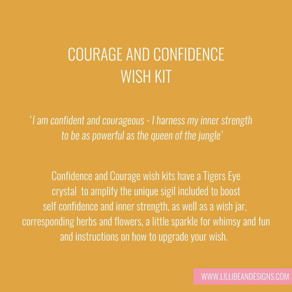 Product description for 'Courage and Confidence Wish Kit' on a yellow background with white text.