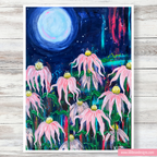 Colorful painting of pink flowers under a moonlit sky on a wooden surface.