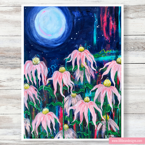 Colorful painting of pink flowers under a moonlit sky on a wooden surface.