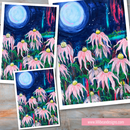 Artistic depiction of pink flowers under a moonlit sky with visible branding.