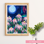 Framed artwork of pink flowers under a moonlit sky, displayed on a white wall with a plant.