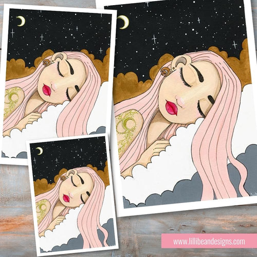 Illustration of a woman with pink hair and red lipstick against a night sky with clouds and moon.