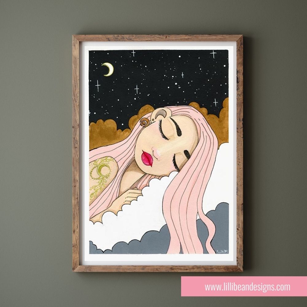 Framed artwork of a woman with pink hair and a starry night sky in the background.