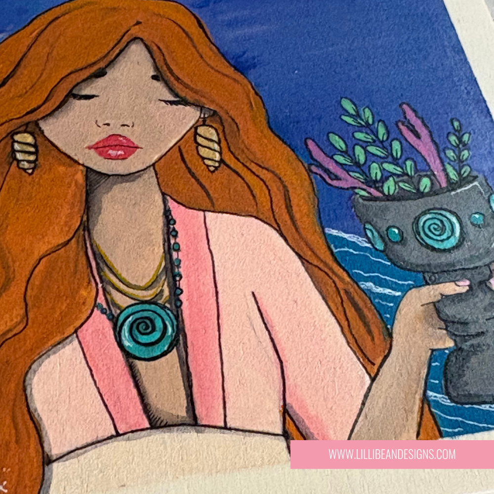 Illustration of a woman with red hair holding a pot with plants against a blue background, featuring LilliBean Designs branding.