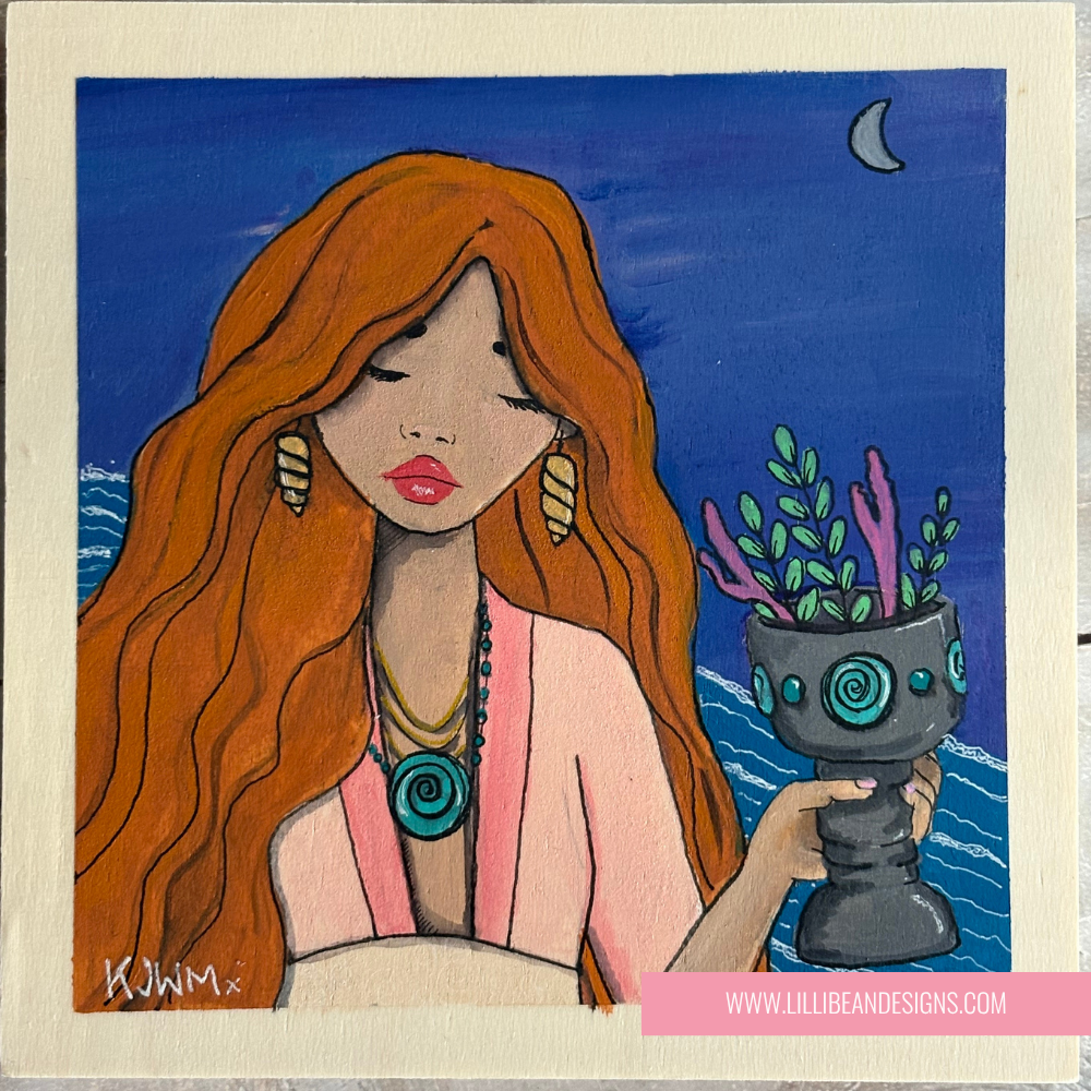 Illustration of a woman with long red hair holding a pot with plants against a night sky.