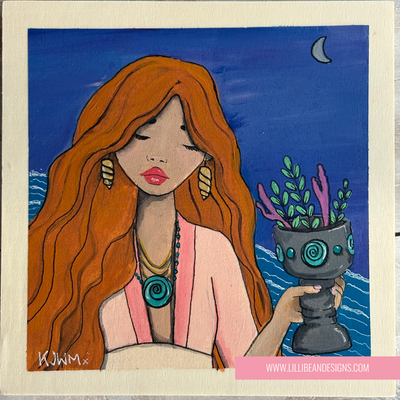 Illustration of a woman with long red hair holding a pot with plants against a night sky.