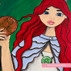 Illustration of a character with red hair holding a pentacle, with a green background and LilliBean Designs logo.