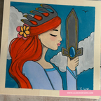 Illustration of a woman with red hair holding a sword against a blue sky with clouds, signed 'KJWM' and featuring the website 'www.lillibeandesigns.